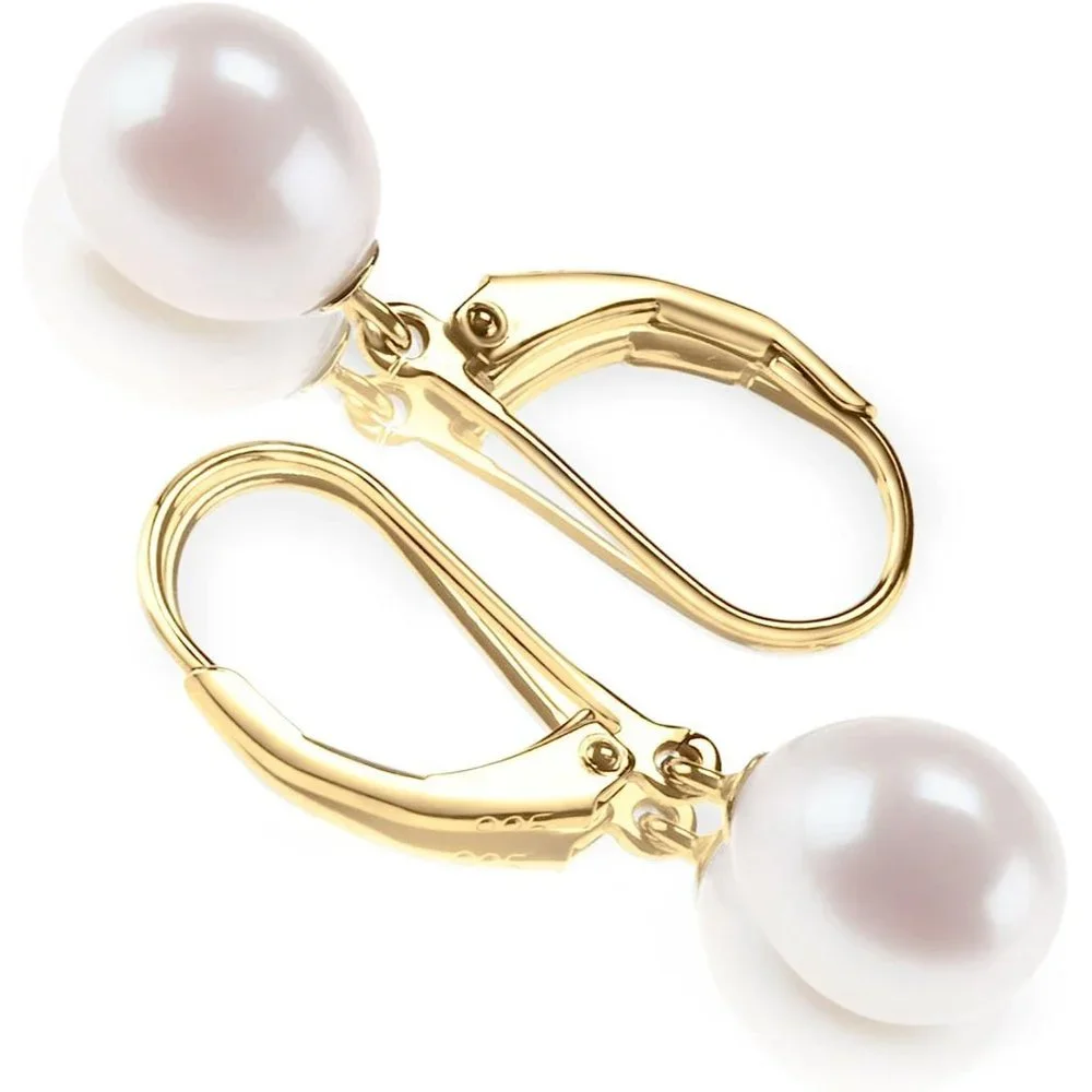 Girls Yellow Gold Handpicked Leverback Dangle Stud Pearl Earrings - Picture 3 of 8
